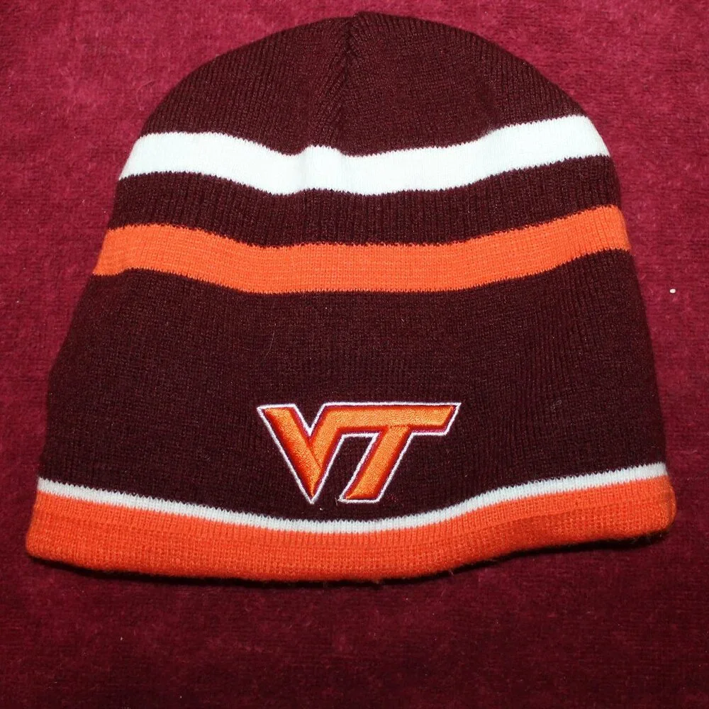 Virginia Tech Hokies Maroon Orange Skull Beanie Cap Hat Reversible Youth Size